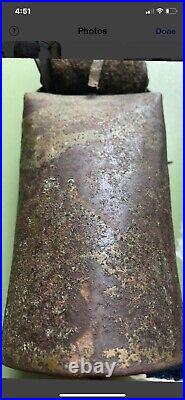 Antique COWBELL 1880's Cow Worn, Farmer Repaired Leather, Hand Carved Clapper