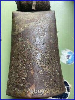 Antique COWBELL 1880's Cow Worn, Farmer Repaired Leather, Hand Carved Clapper