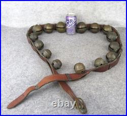 Antique Christmas 15 Graduated Brass Horse Sleigh Bells w Leather Strap