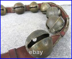 Antique Christmas 15 Graduated Brass Horse Sleigh Bells w Leather Strap