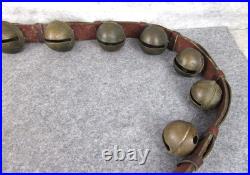 Antique Christmas 15 Graduated Brass Horse Sleigh Bells w Leather Strap