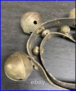 Antique Christmas Horse Graduated Sleigh Bells Double Leather strap Brass 86