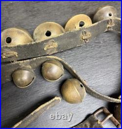 Antique Christmas Horse Graduated Sleigh Bells Double Leather strap Brass 86