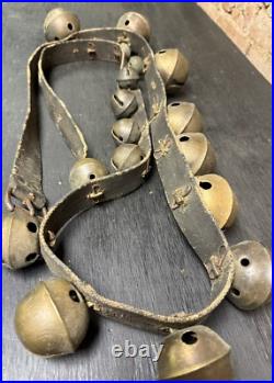 Antique Christmas Horse Graduated Sleigh Bells Double Leather strap Brass 86
