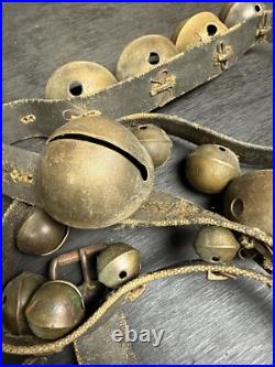 Antique Christmas Horse Graduated Sleigh Bells Double Leather strap Brass 86