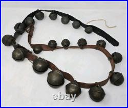 Antique Christmas Horse Sleigh Bells 20 Leather Strap Vintage Brass Graduated