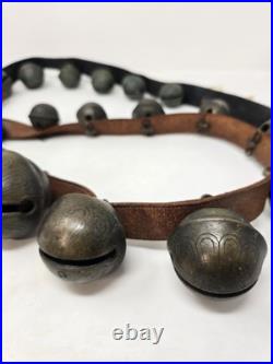 Antique Christmas Horse Sleigh Bells 20 Leather Strap Vintage Brass Graduated