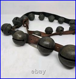 Antique Christmas Horse Sleigh Bells 20 Leather Strap Vintage Brass Graduated