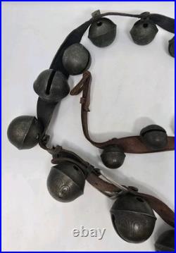 Antique Christmas Horse Sleigh Bells 20 Leather Strap Vintage Brass Graduated