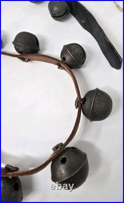 Antique Christmas Horse Sleigh Bells 20 Leather Strap Vintage Brass Graduated