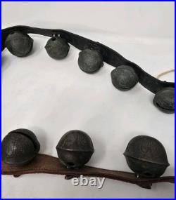 Antique Christmas Horse Sleigh Bells 20 Leather Strap Vintage Brass Graduated