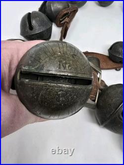 Antique Christmas Horse Sleigh Bells 20 Leather Strap Vintage Brass Graduated