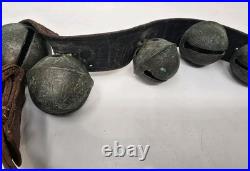 Antique Christmas Horse Sleigh Bells 20 Leather Strap Vintage Brass Graduated