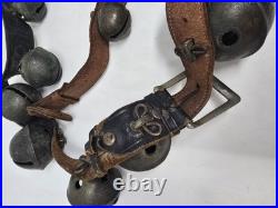 Antique Christmas Horse Sleigh Bells 20 Leather Strap Vintage Brass Graduated