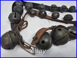 Antique Christmas Horse Sleigh Bells 20 Leather Strap Vintage Brass Graduated