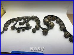 Antique Christmas? Horse Sleigh Bells Double Leather strap Brass 29 Bells