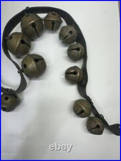 Antique Christmas? Horse Sleigh Bells Double Leather strap Brass 29 Bells