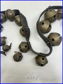 Antique Christmas? Horse Sleigh Bells Double Leather strap Brass 29 Bells