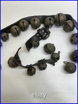 Antique Christmas? Horse Sleigh Bells Double Leather strap Brass 29 Bells