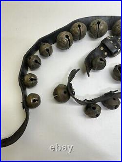 Antique Christmas? Horse Sleigh Bells Double Leather strap Brass 29 Bells