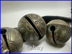 Antique Christmas? Horse Sleigh Bells Double Leather strap Brass 29 Bells