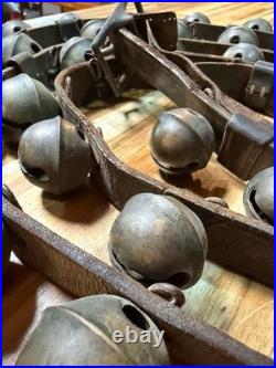 Antique Civil War Era Brass Horse Sleigh Bells 90 Leather Harness 19th Century