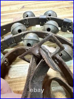 Antique Civil War Era Brass Horse Sleigh Bells 90 Leather Harness 19th Century