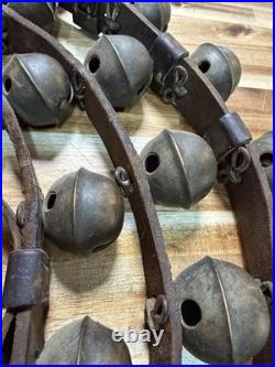 Antique Civil War Era Brass Horse Sleigh Bells 90 Leather Harness 19th Century