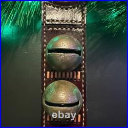 Antique Collectible Brass Sleigh bells Christmas Mahogany Leather Door Strap