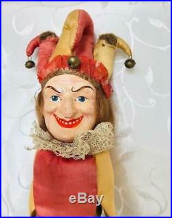 Antique Composition Head Jester Doll On Handle With Brass Bells Circa 1910