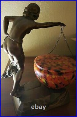 Antique DECO Bronze Figural Naked Lady Table Lamp Art Glass Opaque lighted Bowl