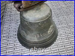 Antique Dated 1840 Large 6 and 3/4 Diameter 6 Pound Brass Cow Bell with Leather