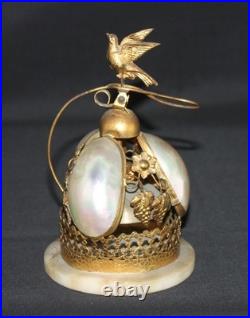Antique Decorative Desk Bell in Gilt Brass and Mother of Pearl. Onyx Base. C. 190