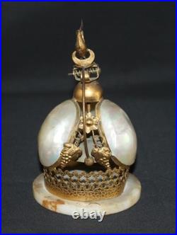 Antique Decorative Desk Bell in Gilt Brass and Mother of Pearl. Onyx Base. C. 190