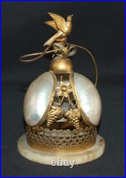 Antique Decorative Desk Bell in Gilt Brass and Mother of Pearl. Onyx Base. C. 190