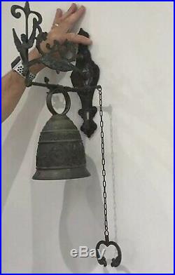 Antique Door Bell French Brass Gothic Revival Latin Inscription Hanging