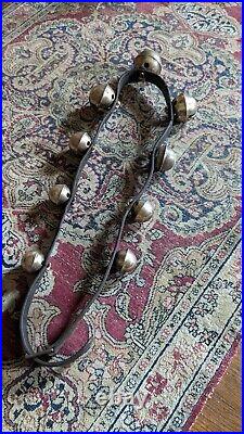 Antique Early Primitive Leather Strap Graduated Brass Bells 56 Patina