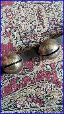 Antique Early Primitive Leather Strap Graduated Brass Bells 56 Patina