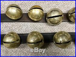 Antique Exceptional Set of 19 HUGE Brass Sleigh Petal Bells on 8ft Leather Strap