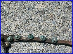 Antique Farm Fresh Equestrian Horse 32 Brass Sleigh Bells On A 6' Leather Strap