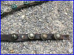 Antique Farm Fresh Equestrian Horse 32 Brass Sleigh Bells On A 6' Leather Strap