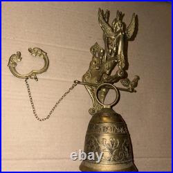 Antique French Brass Doorbell, Ornate Angel Pull Bell, Qui Me Tangit