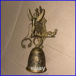 Antique French Brass Doorbell, Ornate Angel Pull Bell, Qui Me Tangit