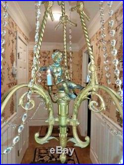 Antique French Empire Bell Epoque Brass Gilt 6L Crystal Chandelier Cherub Bow