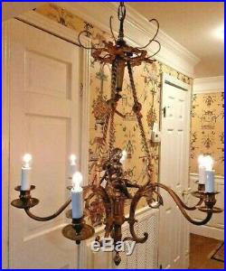 Antique French Empire Bell Epoque Brass Gilt 6L Crystal Chandelier Cherub Bow