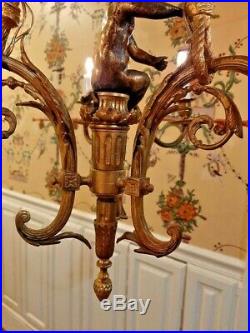 Antique French Empire Bell Epoque Brass Gilt 6L Crystal Chandelier Cherub Bow