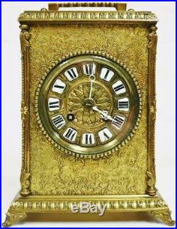 Antique French Engraved Brass 8 Day Tic Tac Bell Striking Officers Mantel Clock