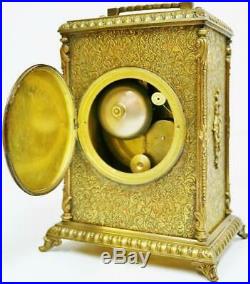 Antique French Engraved Brass 8 Day Tic Tac Bell Striking Officers Mantel Clock