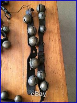 Antique Graduated Brass Sleigh Bells & Leather Strap Harness Lot