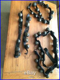 Antique Graduated Brass Sleigh Bells & Leather Strap Harness Lot